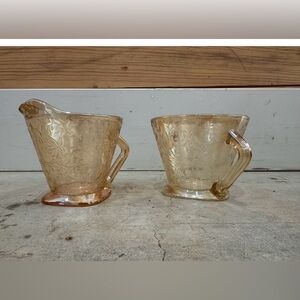 Vintage Pink Depression Glass Creamer & Sugar Bowl Etched Floral 1930s Set